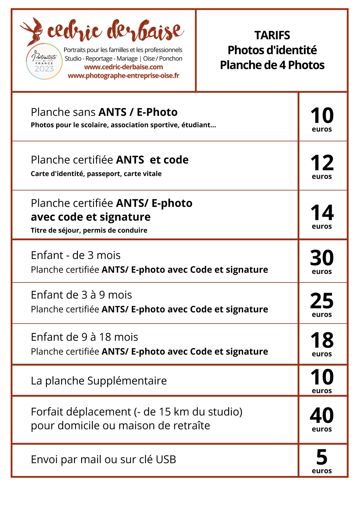 Tarifs photo identité